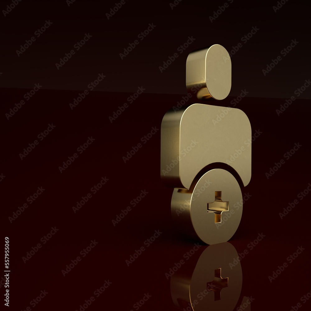 Gold Add to friend icon isolated on brown background. Minimalism concept. 3D render illustration