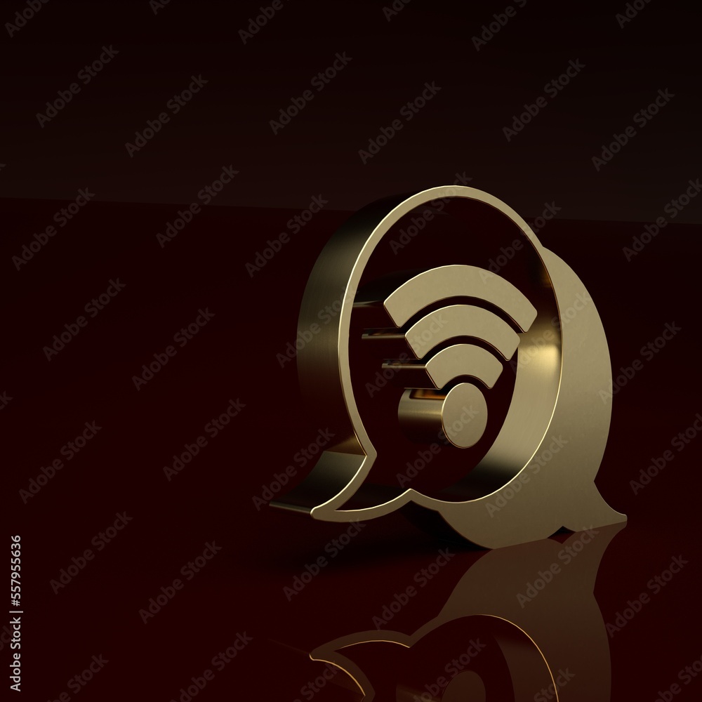 Gold Wi-Fi wireless internet network symbol icon isolated on brown background. Minimalism concept. 3