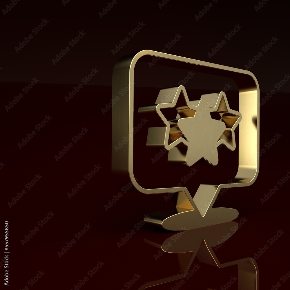 Gold Five stars customer product rating review icon isolated on brown background. Favorite, best rat