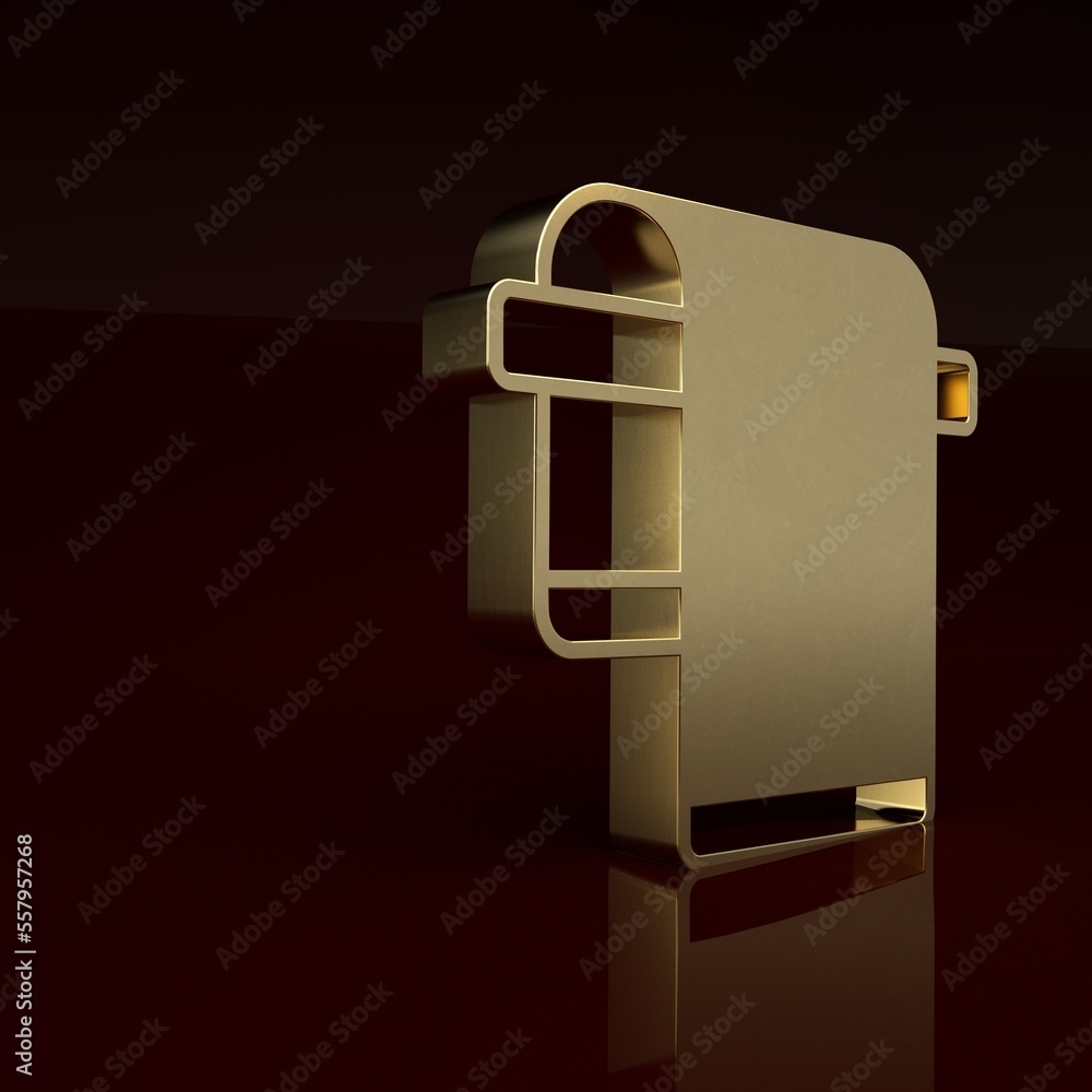 Gold Towel on hanger icon isolated on brown background. Bathroom towel icon. Minimalism concept. 3D 