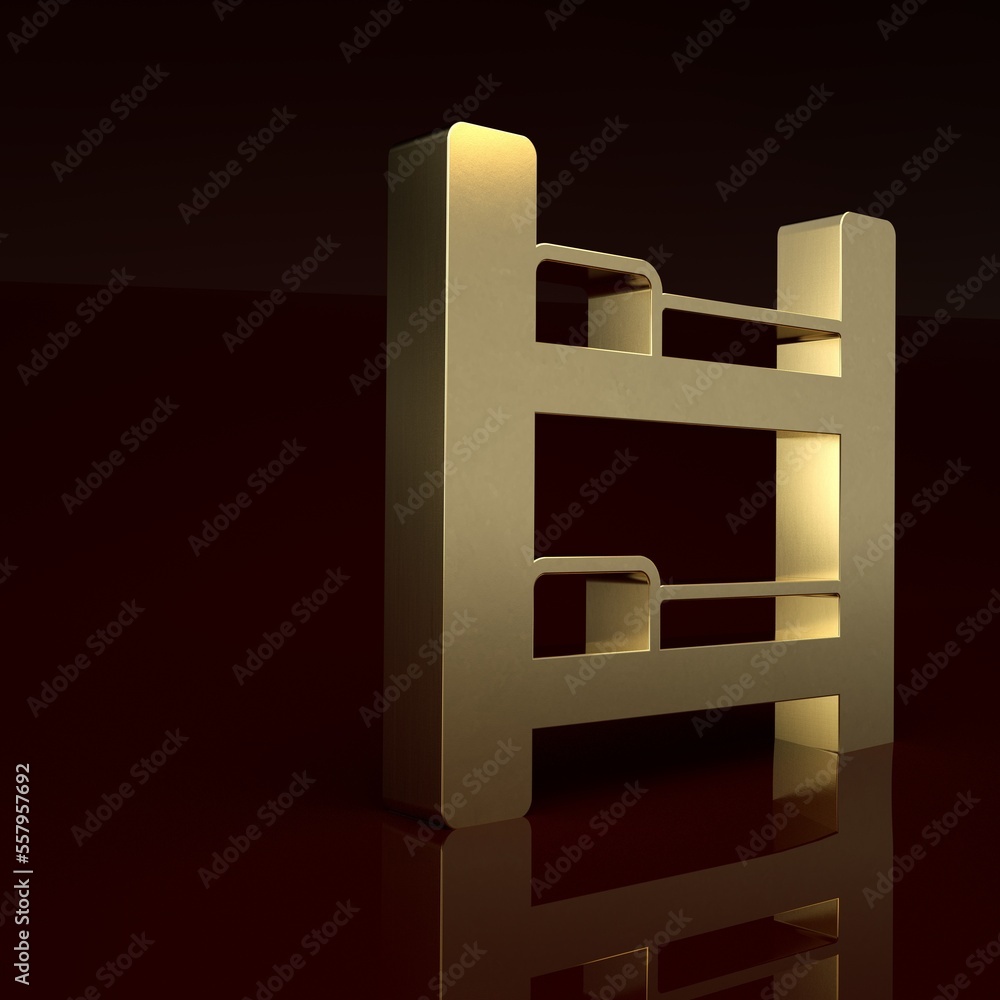 Gold Hotel room bed icon isolated on brown background. Minimalism concept. 3D render illustration