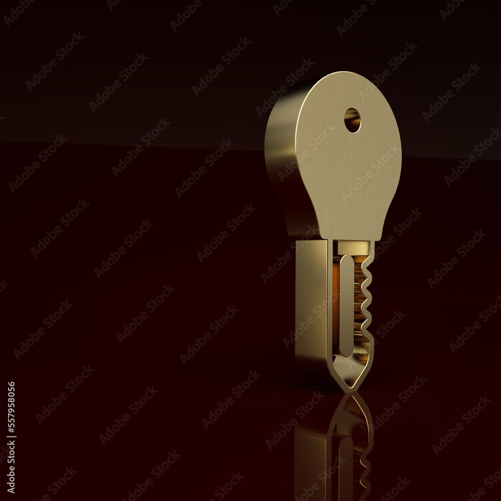 Gold Hotel door lock key icon isolated on brown background. Minimalism concept. 3D render illustrati