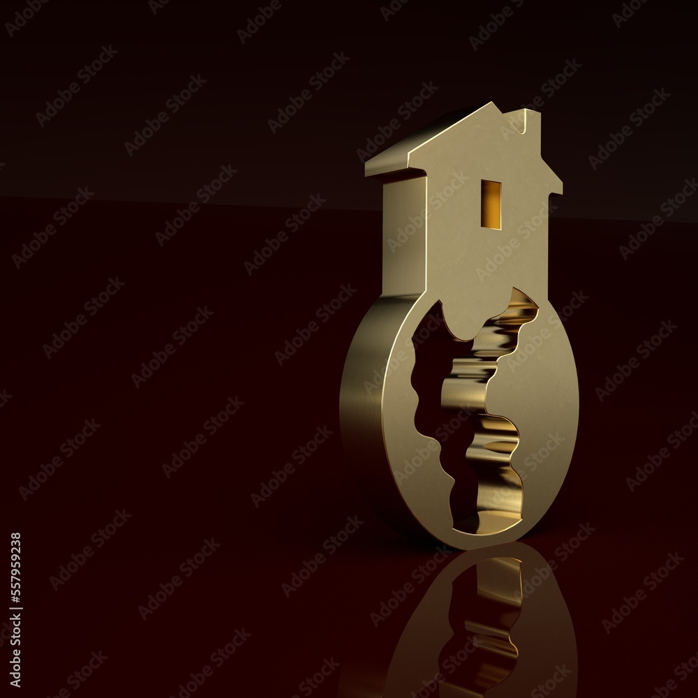 Gold Shelter for homeless icon isolated on brown background. Emergency housing, temporary residence 