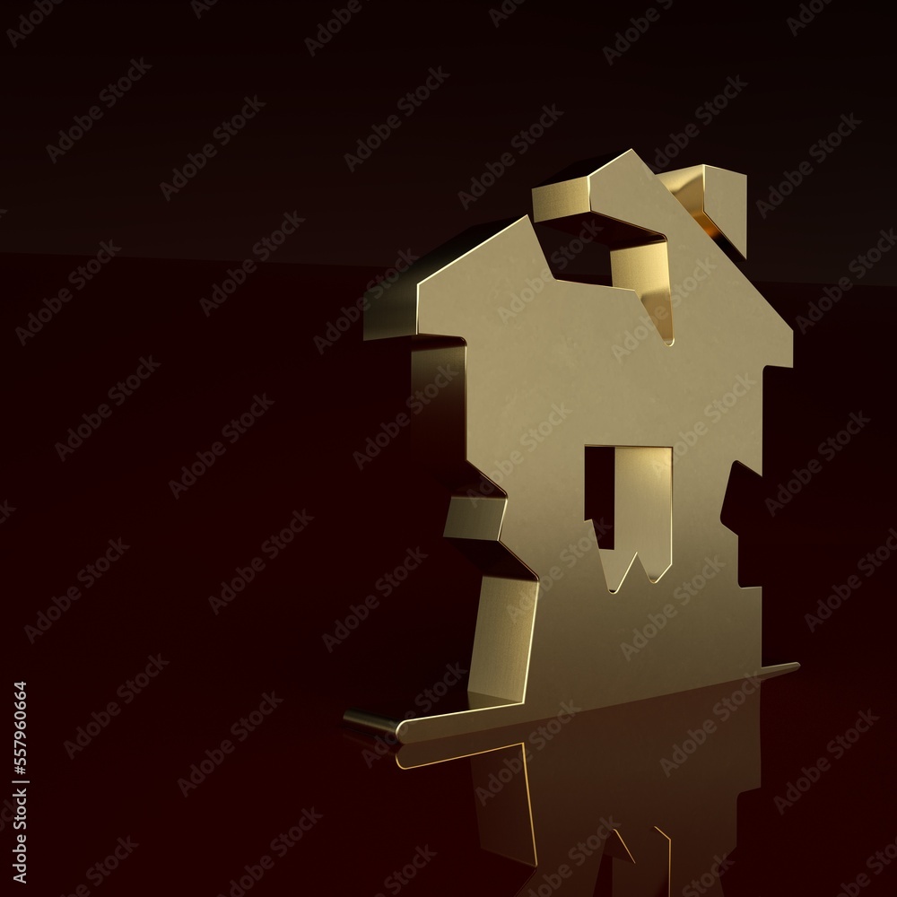 Gold Ruined house icon isolated on brown background. Broken house. Derelict home. Abandoned home. Mi