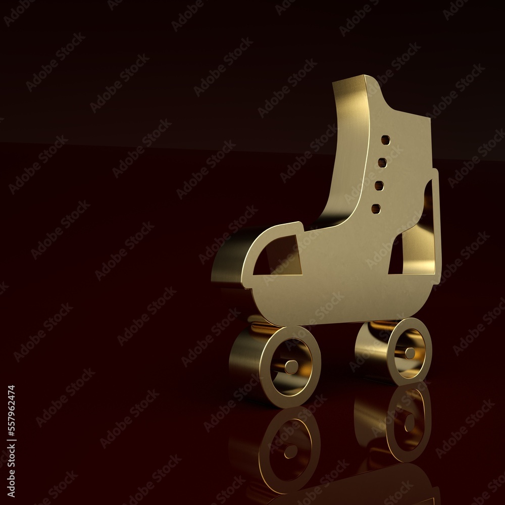 Gold Roller skate icon isolated on brown background. Minimalism concept. 3D render illustration