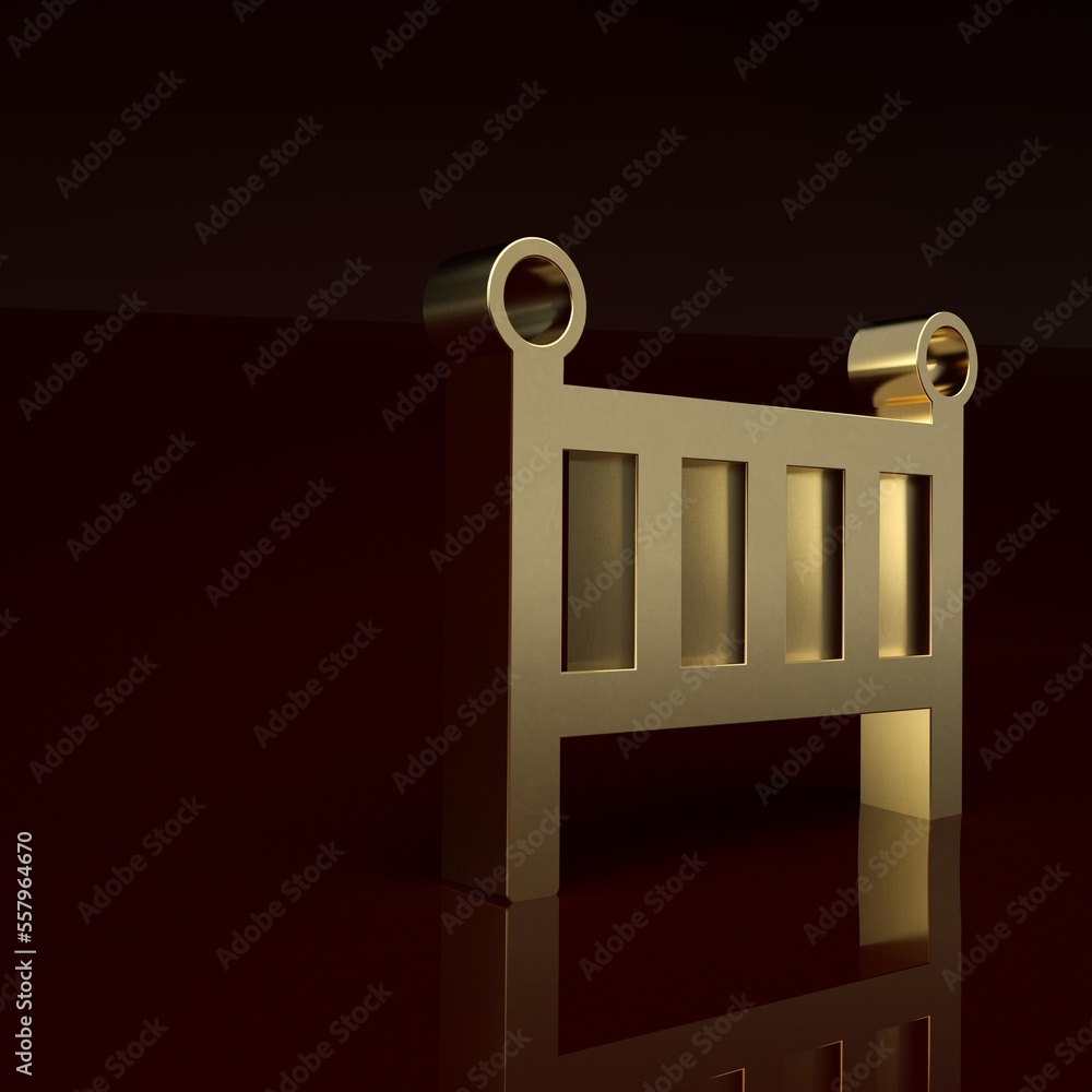 Gold Baby crib cradle bed icon isolated on brown background. Minimalism concept. 3D render illustrat