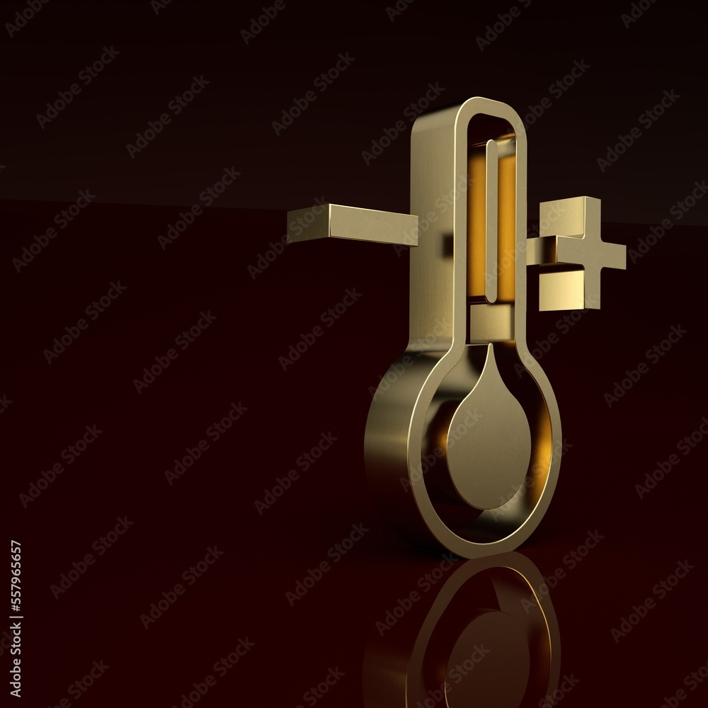 Gold Meteorology thermometer measuring icon isolated on brown background. Thermometer equipment show