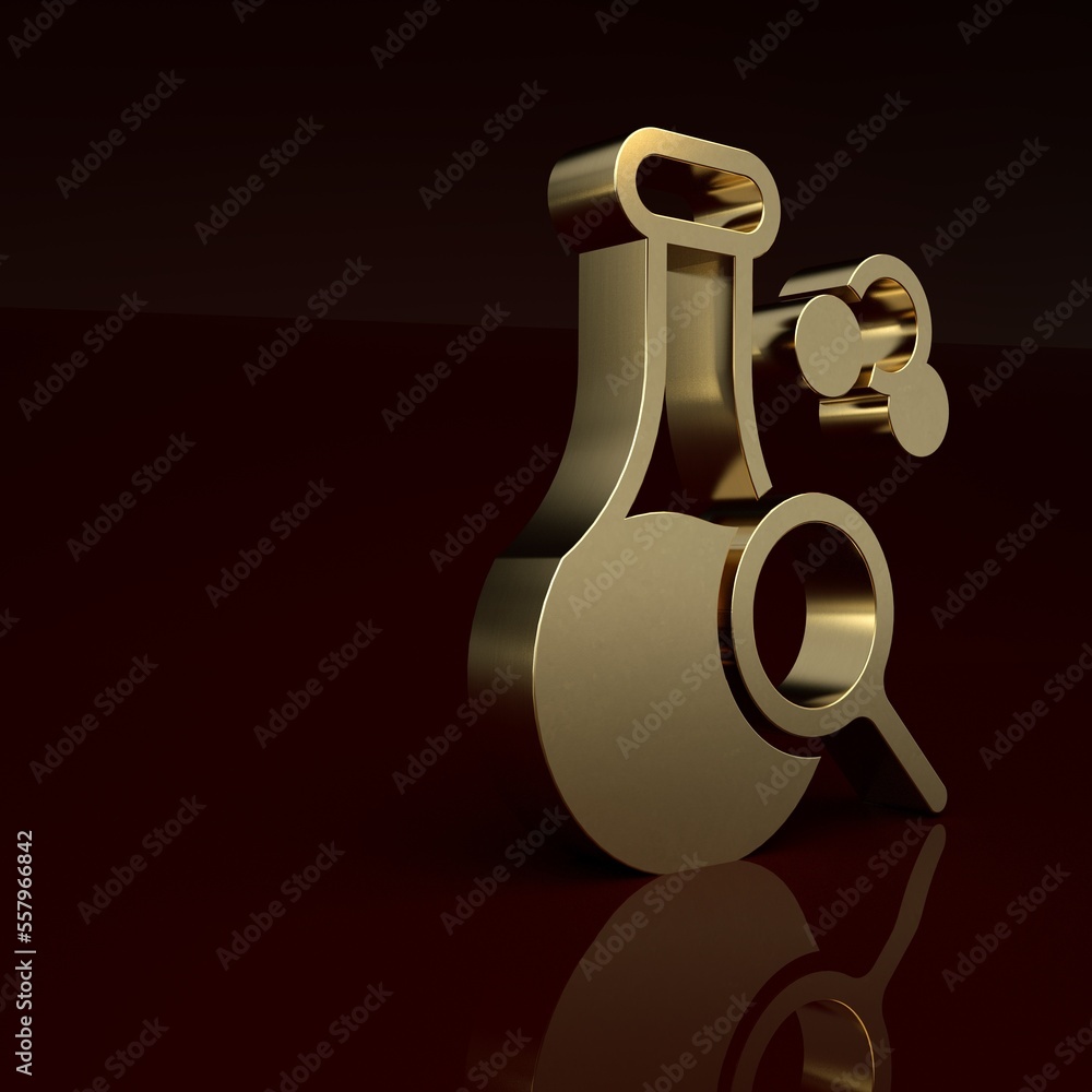 Gold Test tube and flask chemical laboratory test icon isolated on brown background. Laboratory glas