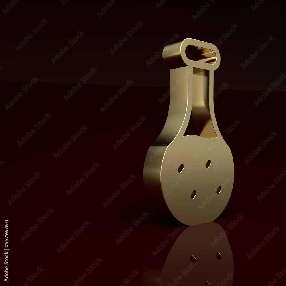 Gold Test tube and flask chemical laboratory test icon isolated on brown background. Laboratory glas