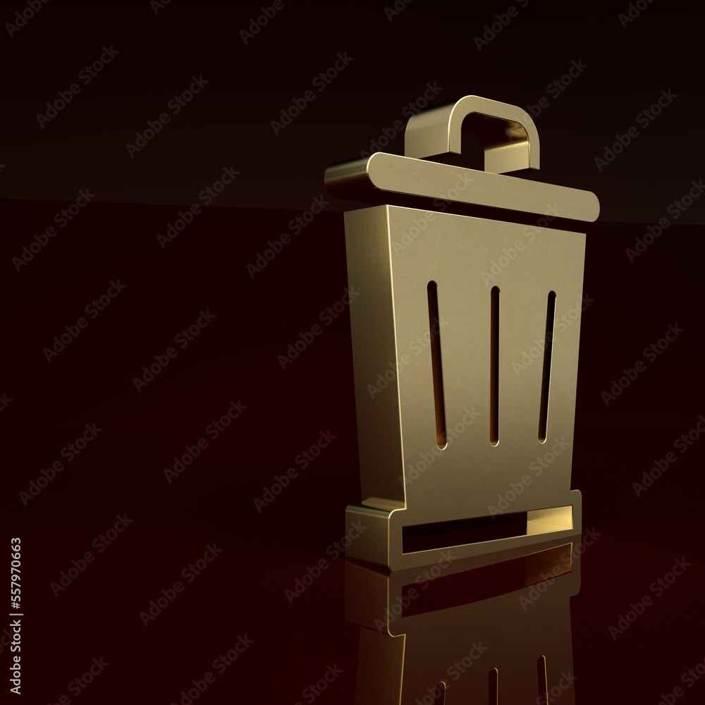 Gold Trash can icon isolated on brown background. Garbage bin sign. Recycle basket icon. Office tras