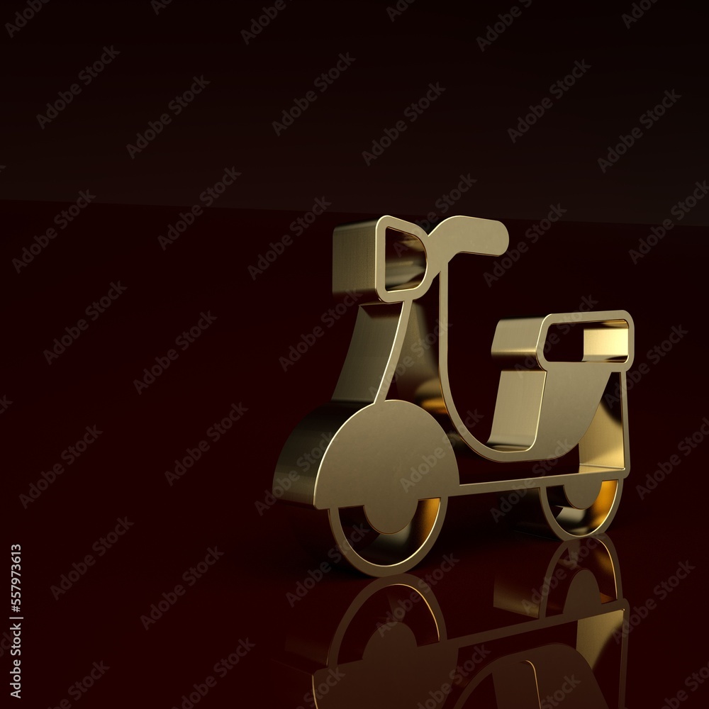 Gold Scooter icon isolated on brown background. Minimalism concept. 3D render illustration