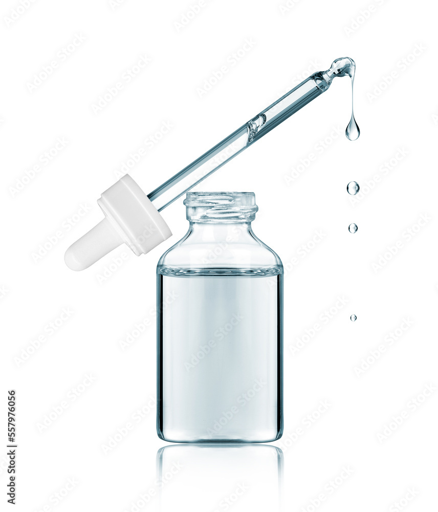 Cosmetic pipette with dripping drops close-up isolated on a white background