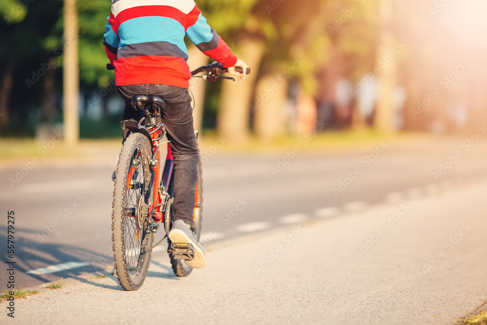 Boy riding a bike on the sidewalk along asphalt road.