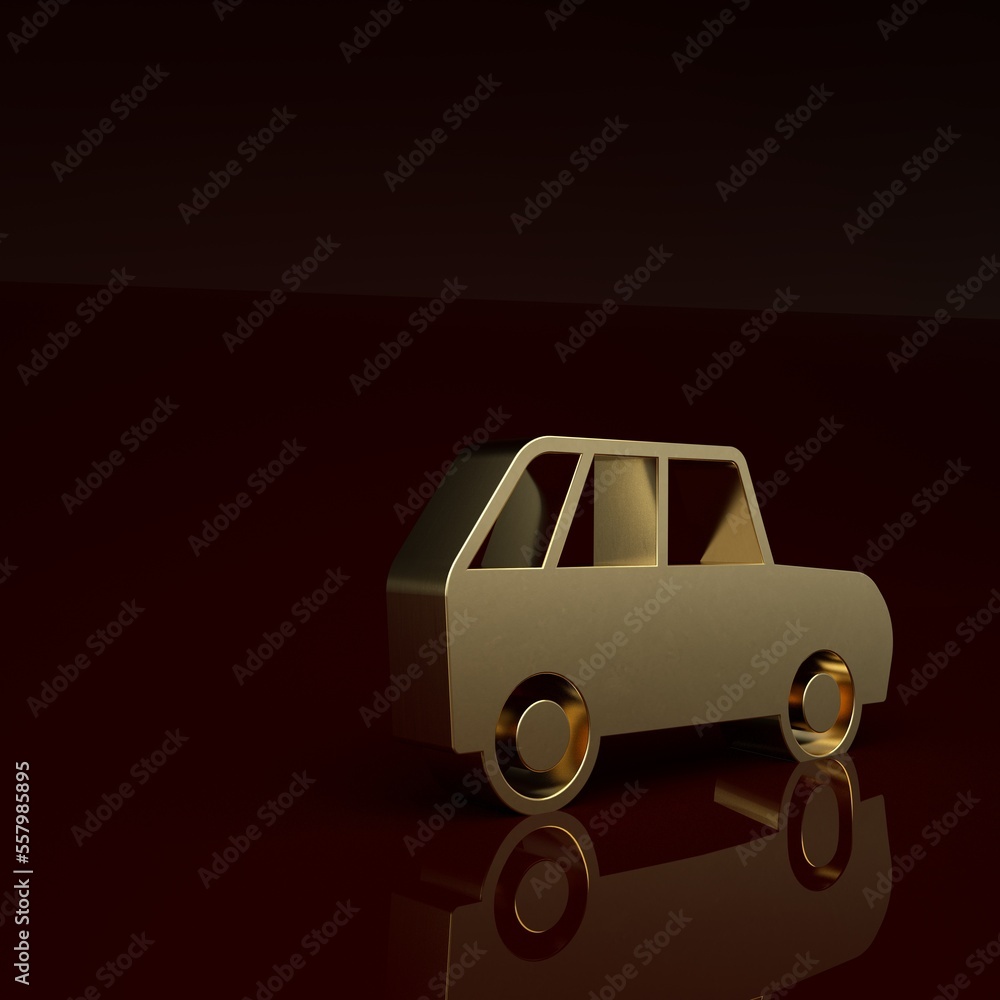 Gold Car icon isolated on brown background. Minimalism concept. 3D render illustration