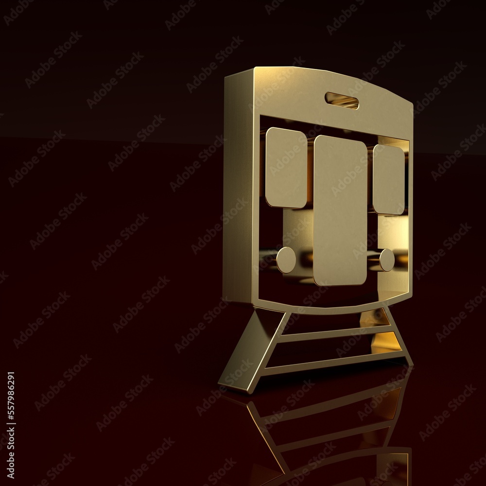 Gold Train and railway icon isolated on brown background. Public transportation symbol. Subway train