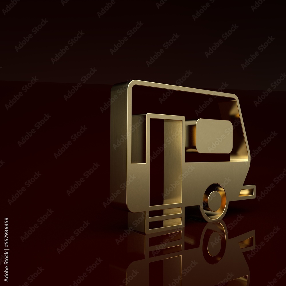 Gold Rv Camping trailer icon isolated on brown background. Travel mobile home, caravan, home camper 