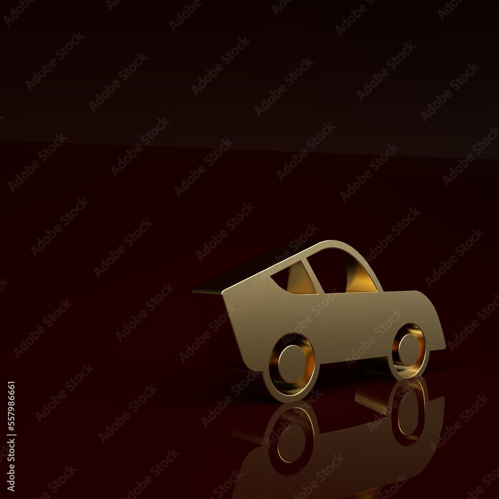 Gold Car icon isolated on brown background. Minimalism concept. 3D render illustration