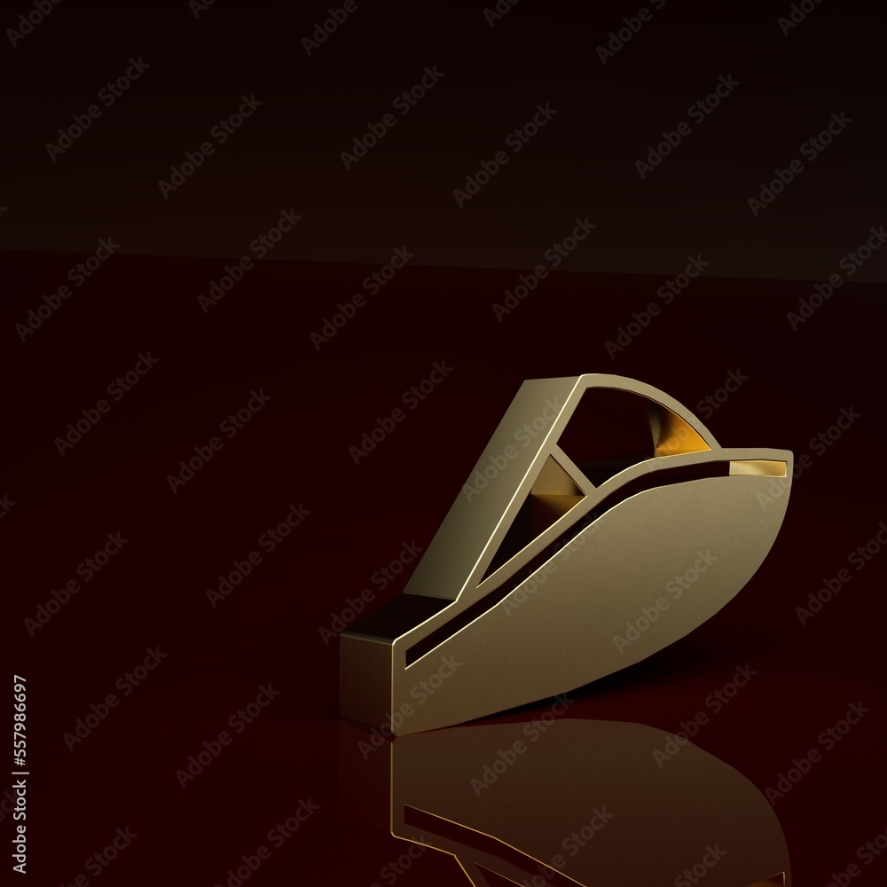 Gold Speedboat icon isolated on brown background. Minimalism concept. 3D render illustration