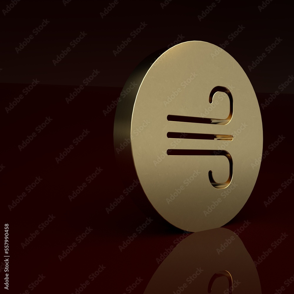 Gold Windy weather icon isolated on brown background. Cloud and wind. Minimalism concept. 3D render 