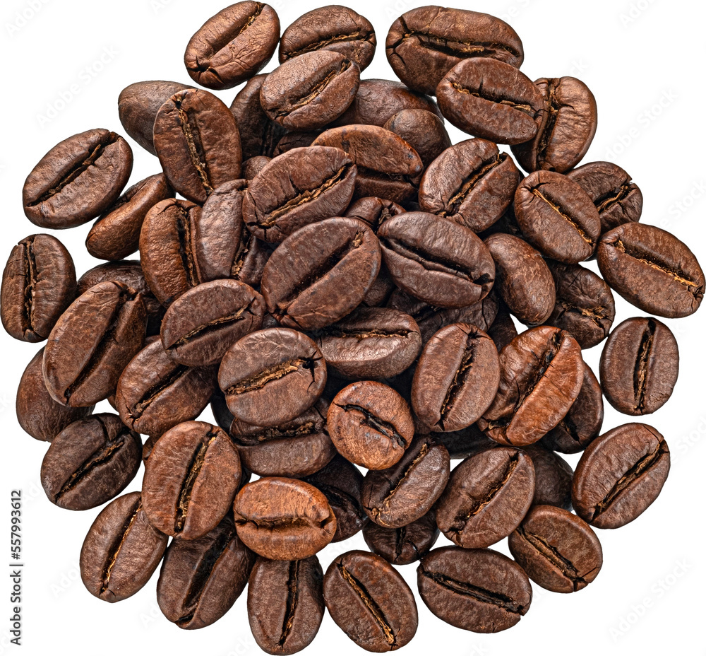 Coffee beans isolated, top view