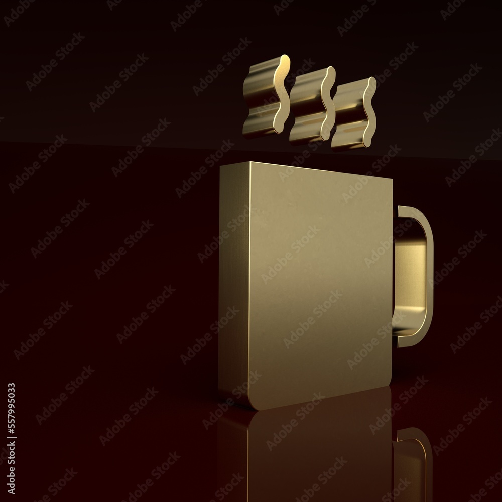 Gold Cup of tea icon isolated on brown background. Minimalism concept. 3D render illustration