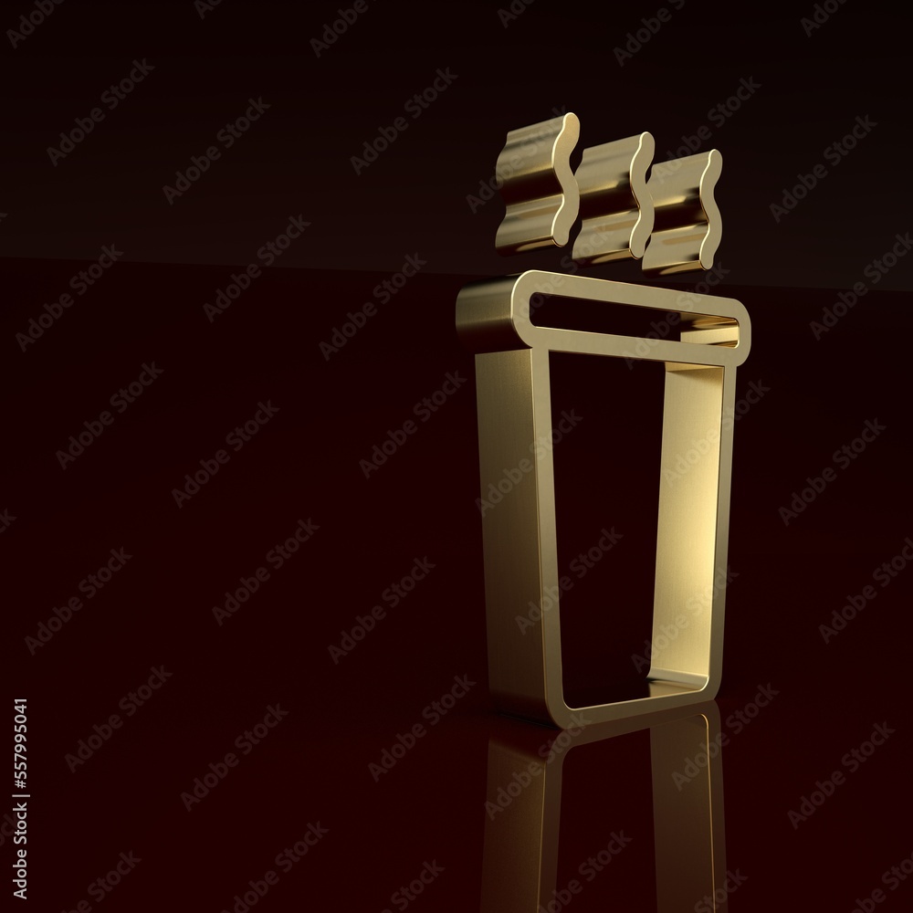 Gold Cup of tea icon isolated on brown background. Minimalism concept. 3D render illustration