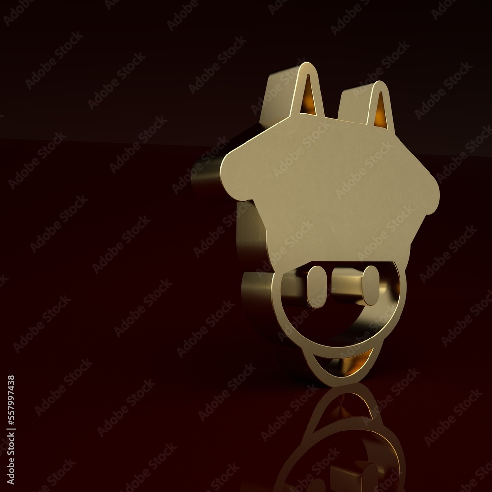 Gold Cow head icon isolated on brown background. Minimalism concept. 3D render illustration