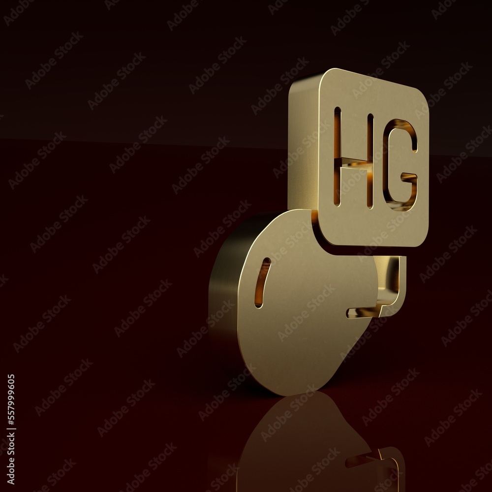 Gold Drop of mercury icon isolated on brown background. Minimalism concept. 3D render illustration