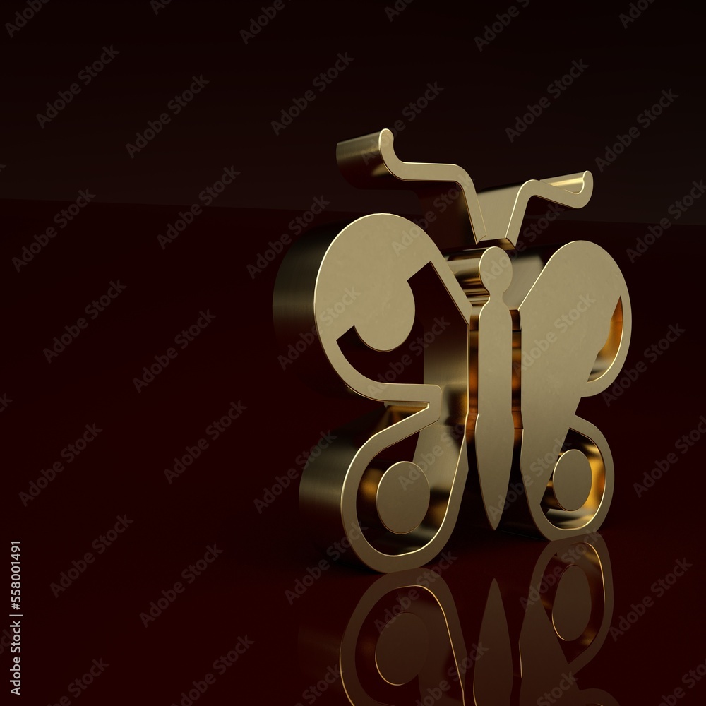 Gold Butterfly icon isolated on brown background. Minimalism concept. 3D render illustration