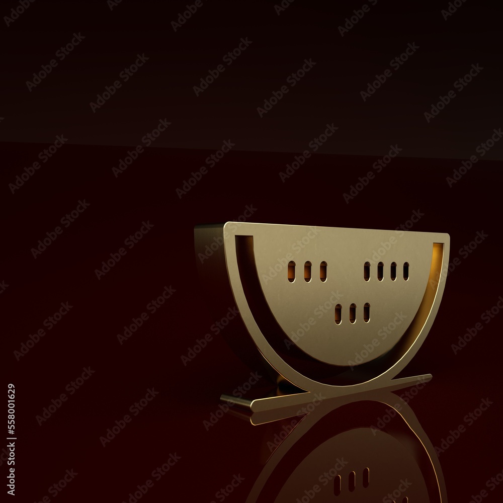 Gold Watermelon icon isolated on brown background. Minimalism concept. 3D render illustration