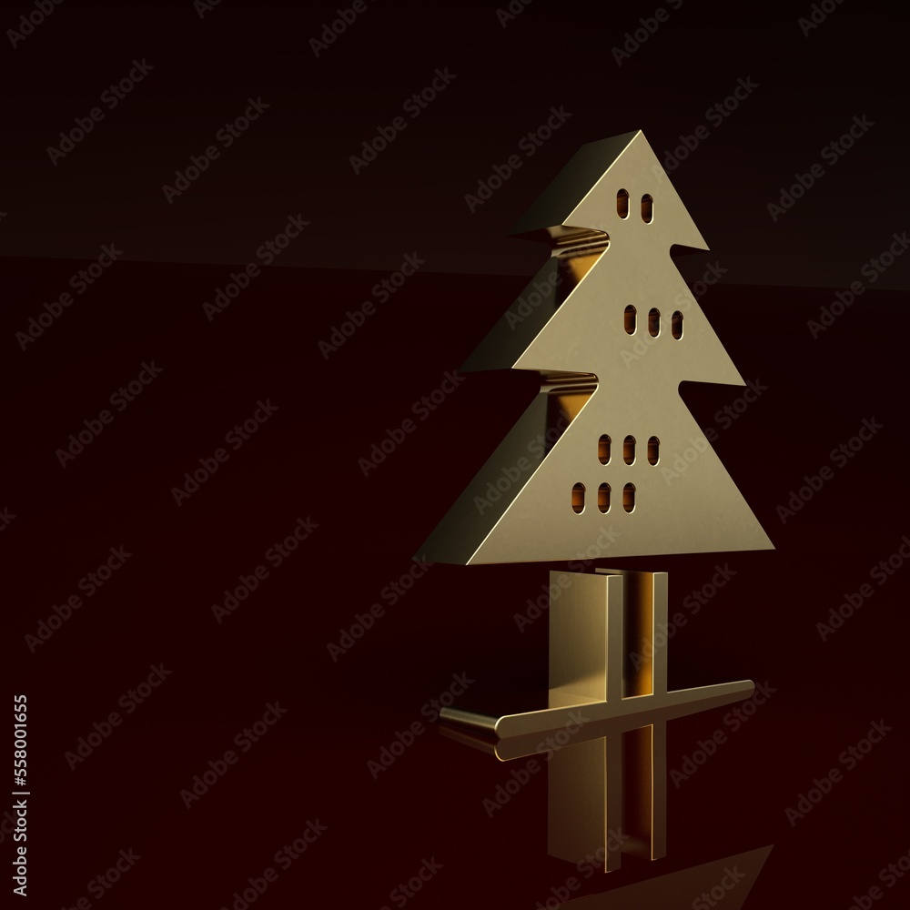 Gold Tree icon isolated on brown background. Forest symbol. Minimalism concept. 3D render illustrati