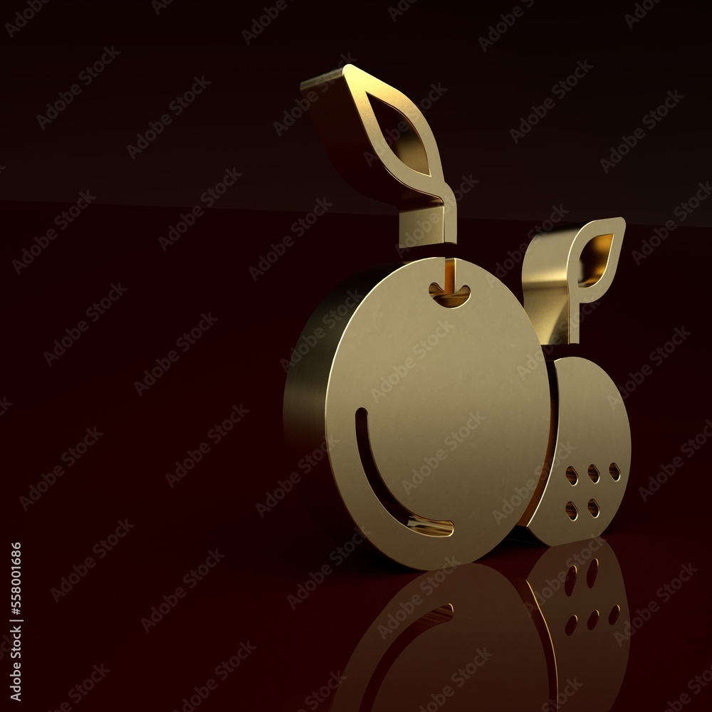 Gold Fruit icon isolated on brown background. Minimalism concept. 3D render illustration