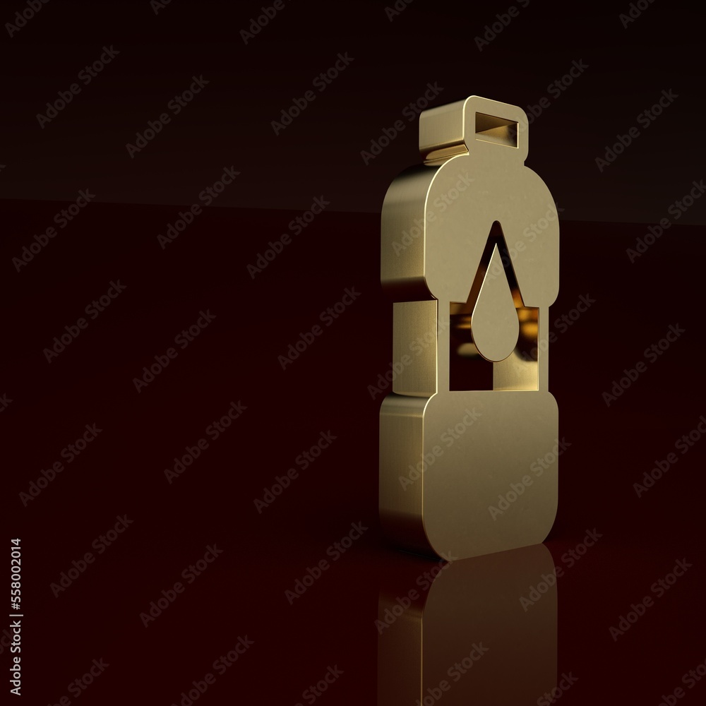 Gold Bottle of water icon isolated on brown background. Soda aqua drink sign. Minimalism concept. 3D