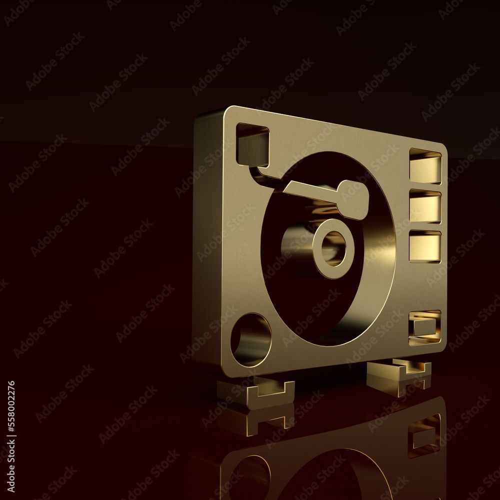 Gold Vinyl player with a vinyl disk icon isolated on brown background. Minimalism concept. 3D render