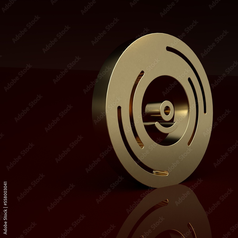 Gold Vinyl disk icon isolated on brown background. Minimalism concept. 3D render illustration