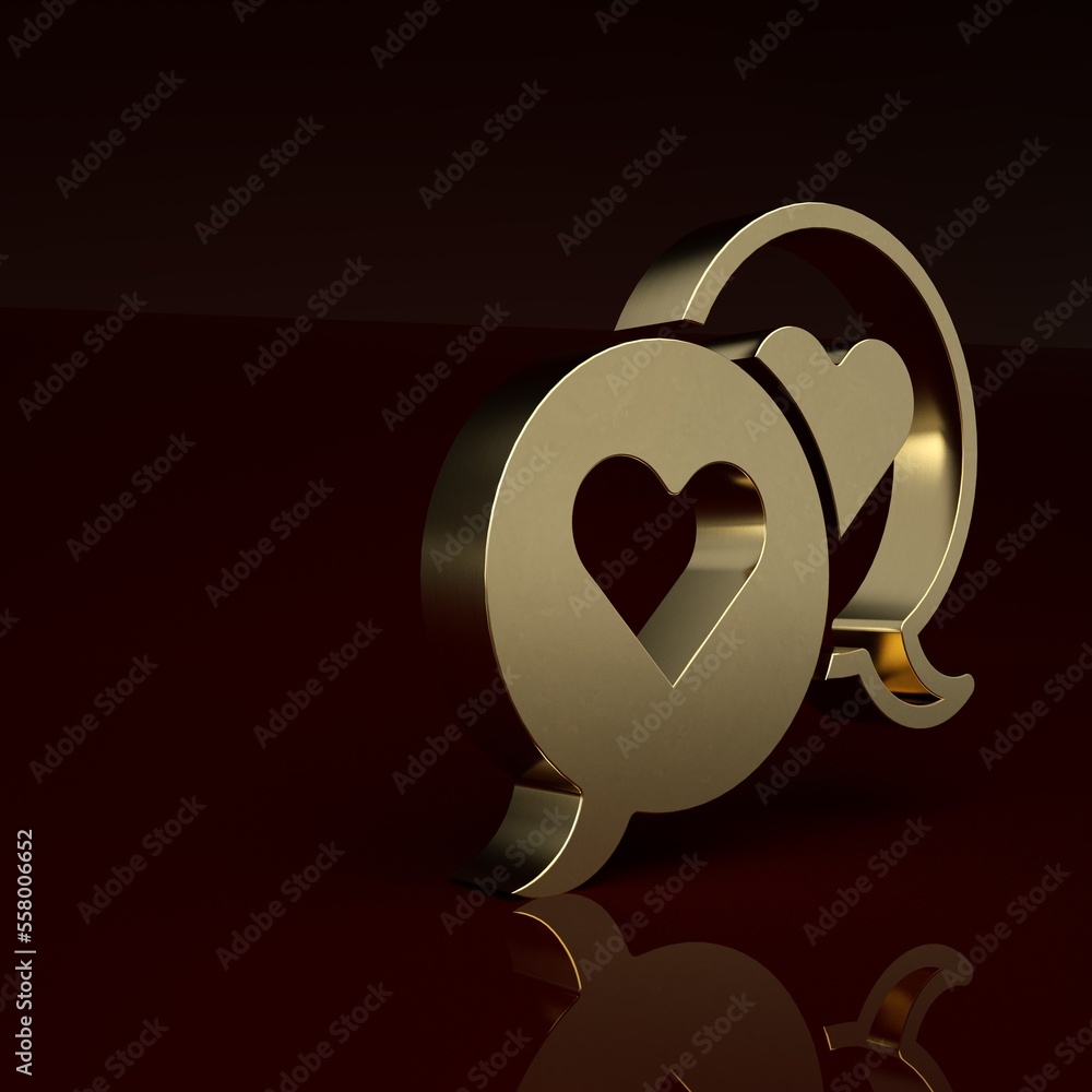 Gold Heart in speech bubble icon isolated on brown background. Happy Valentines day. Minimalism conc