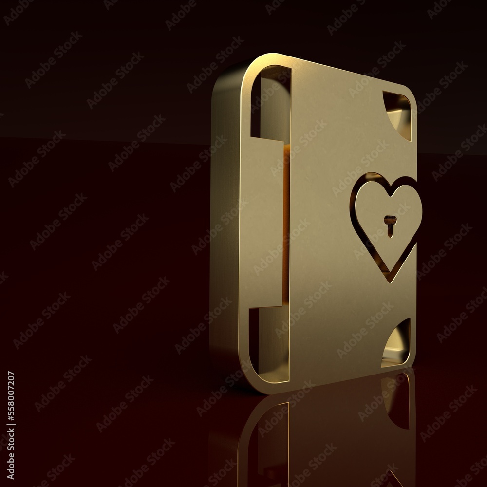 Gold Love diary notebook album icon isolated on brown background. Happy Valentines day. Minimalism c