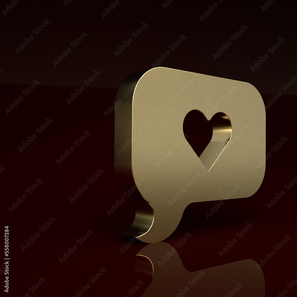 Gold Heart in speech bubble icon isolated on brown background. Happy Valentines day. Minimalism conc