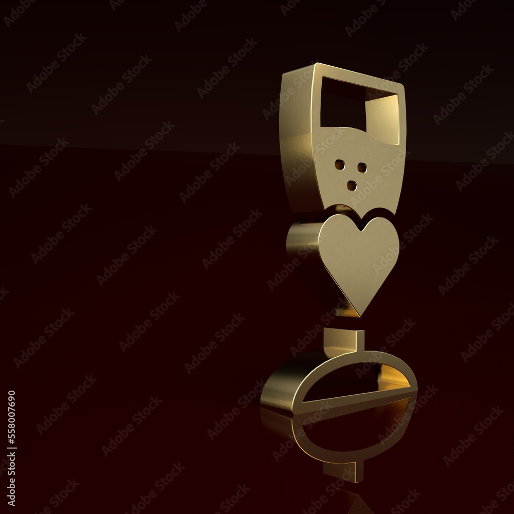 Gold Glass of champagne icon isolated on brown background. Happy Valentines day. Minimalism concept.