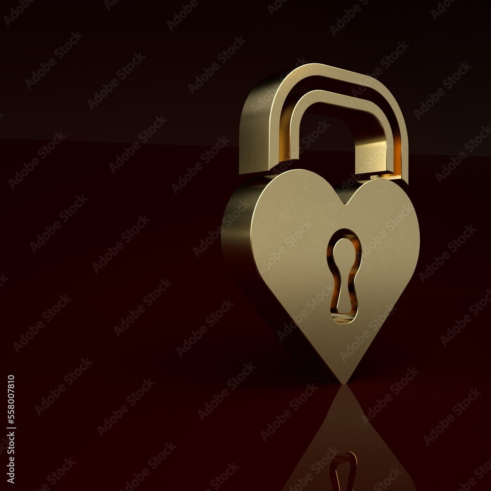 Gold Castle in the shape of a heart icon isolated on brown background. Locked Heart. Love symbol and