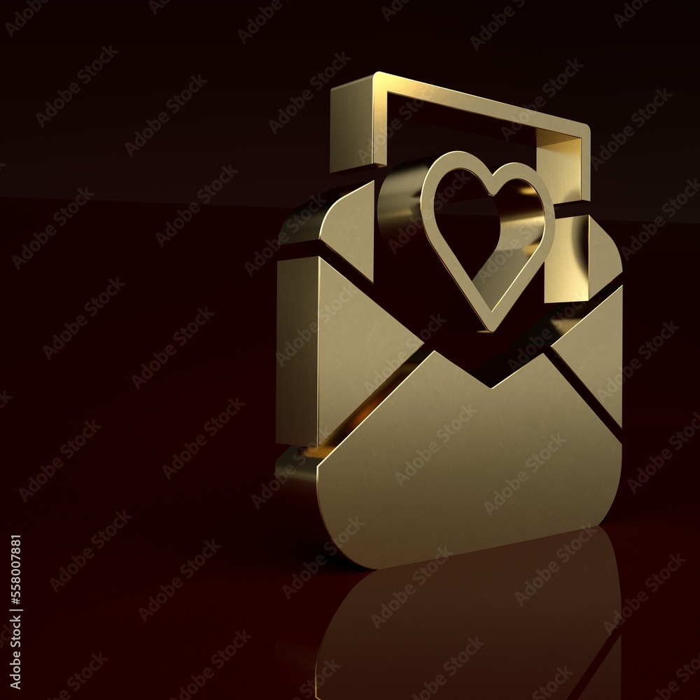 Gold Envelope with Valentine heart icon isolated on brown background. Message love. Letter love and 