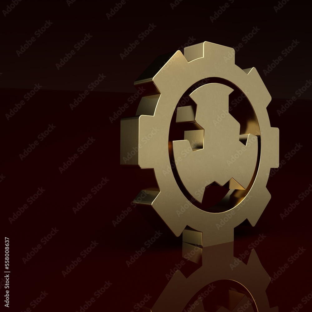 Gold Globe of the Earth and gear or cog icon isolated on brown background. Setting parameters. Globa