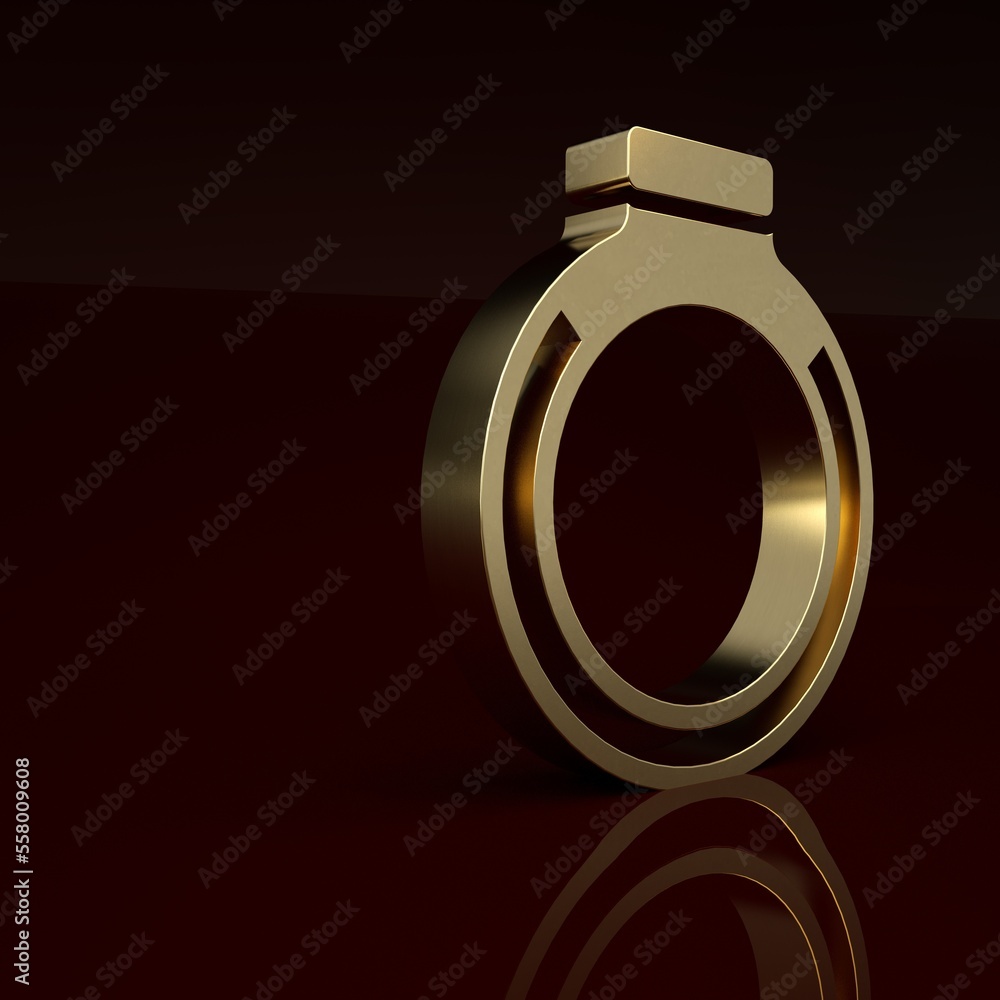 Gold Gold ring icon isolated on brown background. Minimalism concept. 3D render illustration