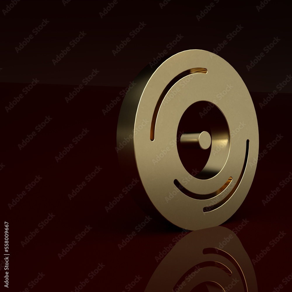 Gold Vinyl disk icon isolated on brown background. Minimalism concept. 3D render illustration