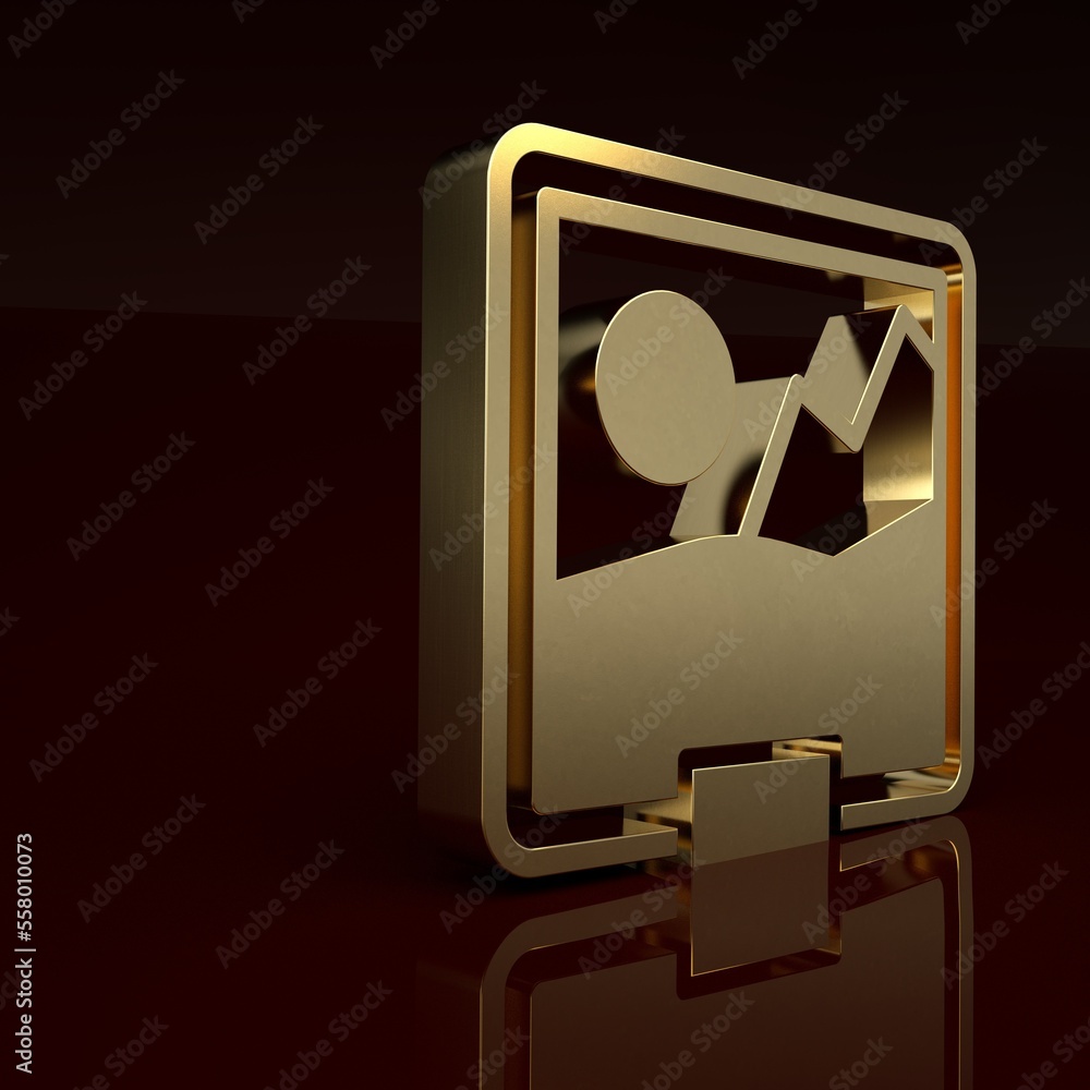 Gold Picture icon isolated on brown background. Minimalism concept. 3D render illustration