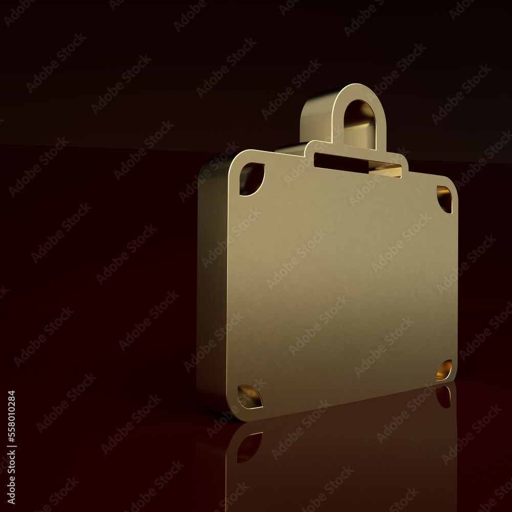 Gold Suitcase for travel icon isolated on brown background. Traveling baggage sign. Travel luggage i