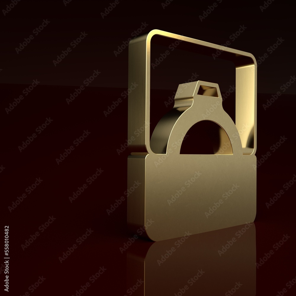 Gold Diamond engagement ring in box icon isolated on brown background. Minimalism concept. 3D render