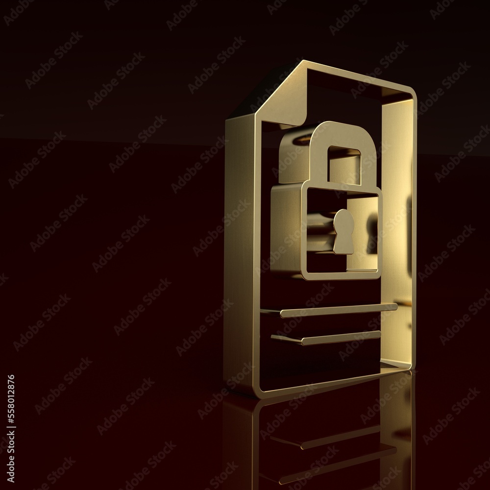 Gold Document and lock icon isolated on brown background. File format and padlock. Security, safety,