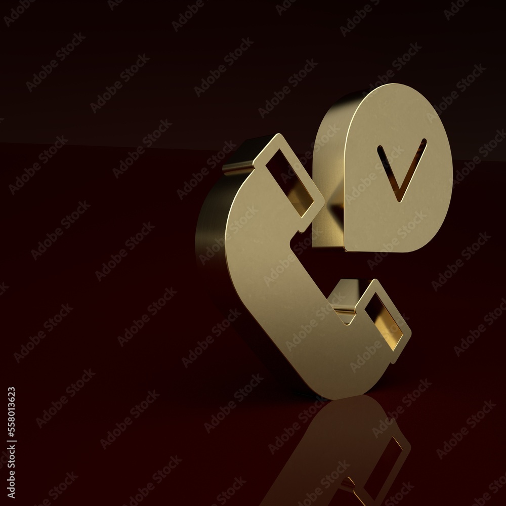 Gold Telephone handset icon isolated on brown background. Phone sign. Minimalism concept. 3D render 