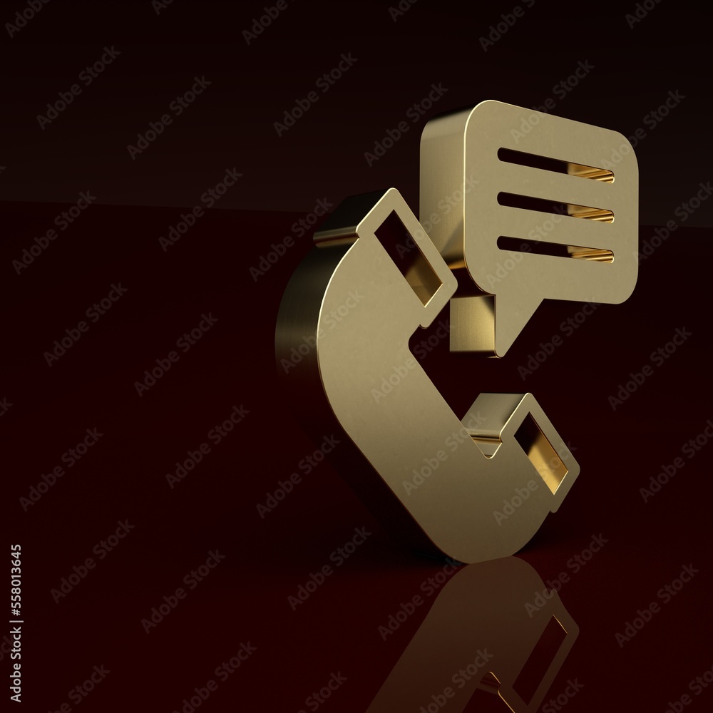 Gold Telephone conversation icon isolated on brown background. Telephone handset. Phone sign. Call c